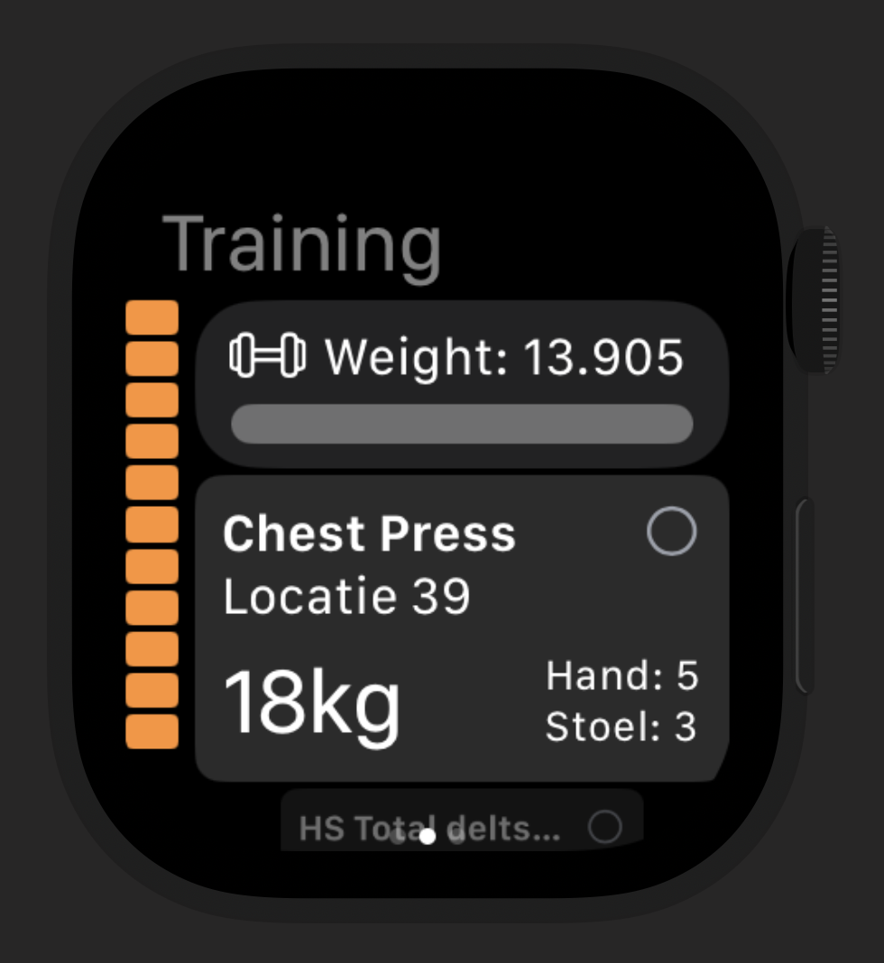 GymCheck Apple Watch exercise screen with machine settings
